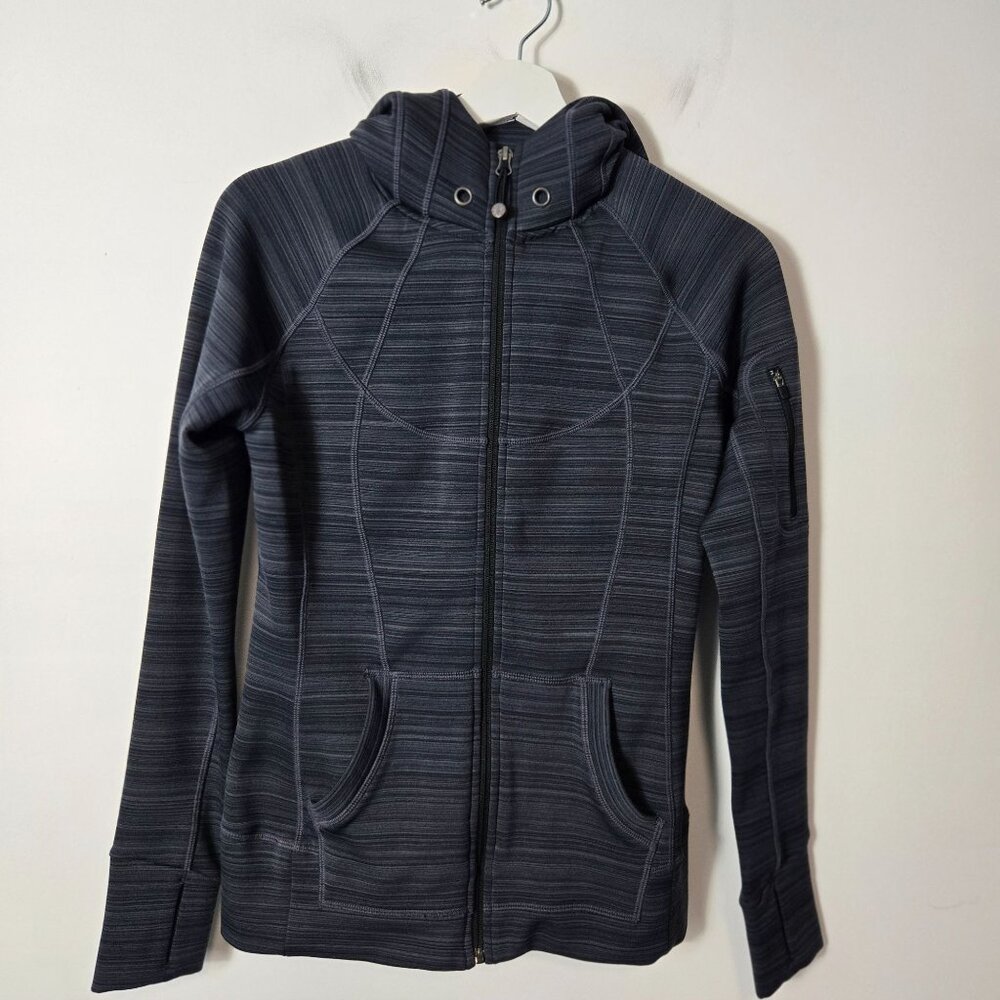 Athleta Size S Striped Strength Hoodie Jacket Charcoal Grey Heath Thumbholes